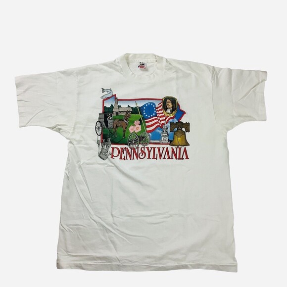 90s T-Shirt Liberty Bell Pennsylvania PA Men's XL White Patriotic History Vtg - Picture 1 of 8